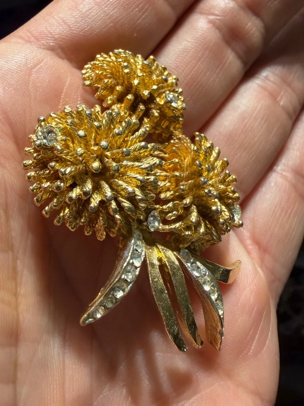 Gold Floral Cluster Brooch with Clear Crystal Accents